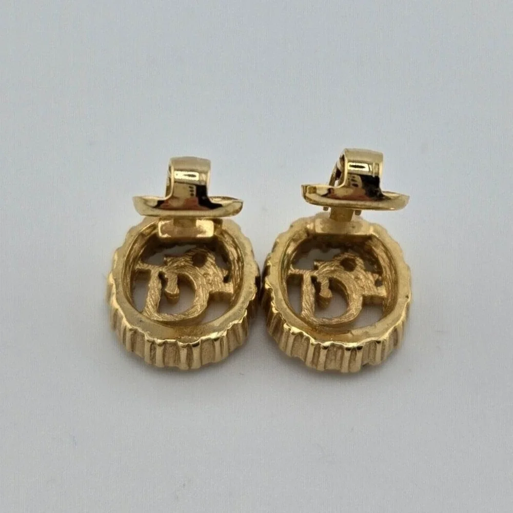 Vintage Christian Dior Gold Tone Crystal Logo Oval Clip On Earrings Germany